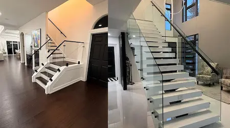Custom frameless glass stair railings with black and chrome hardware installed in luxury home interiors — Glass Designer LLC Southwest Florida