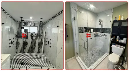 Custom frameless corner shower enclosure and dual glass shower installation with black hardware — Glass Designer LLC Naples FL
