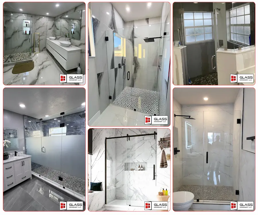 Frameless glass shower enclosures with matte black hardware and marble tile — Glass Designer LLC Southwest Florida